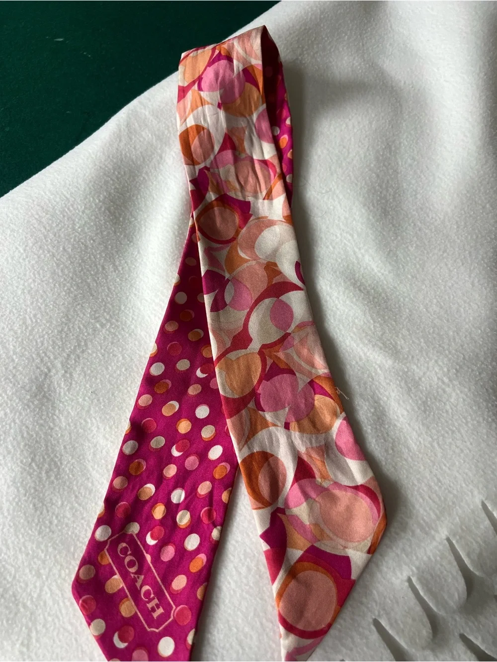 Coach Silk Polka Dot Twilly in Hot Pink with Orange and Cream Accents - Picture 3 of 4